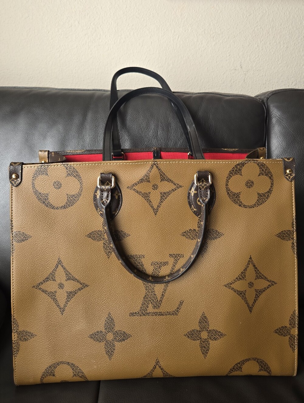 Two Tone Reverse Monogram Oversized Tote w/ Black Handles & Red Interior